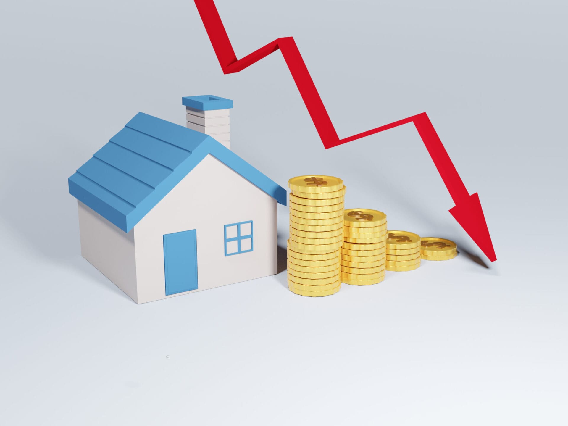 A decline in property prices. Lower mortgage interest rates. House price go down. Real estate market economy with decreasing graph and red arrow going down. 3D of home with coin stack and red arrow down.