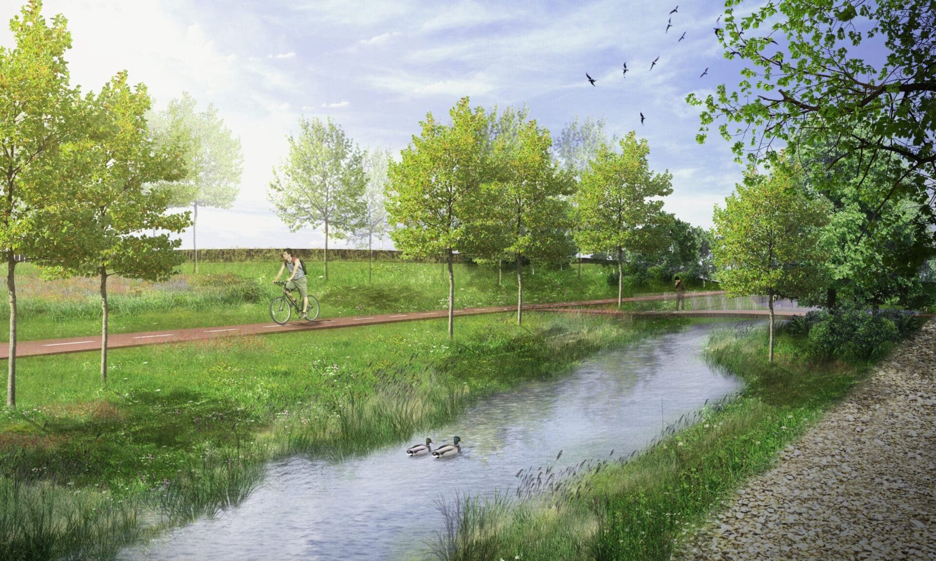 Impressie wandel en fietspaden en water parkstrook