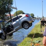 Geparkeerde auto rolt water in