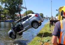 Geparkeerde auto rolt water in